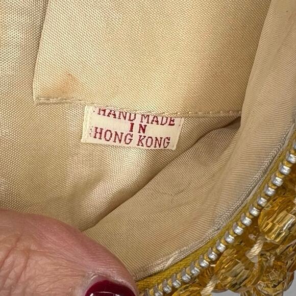 Vintage 1690's Handmade Acrylic Crystal Beaded Handle Bag Evening Bag Yellow - Picture 6 of 11